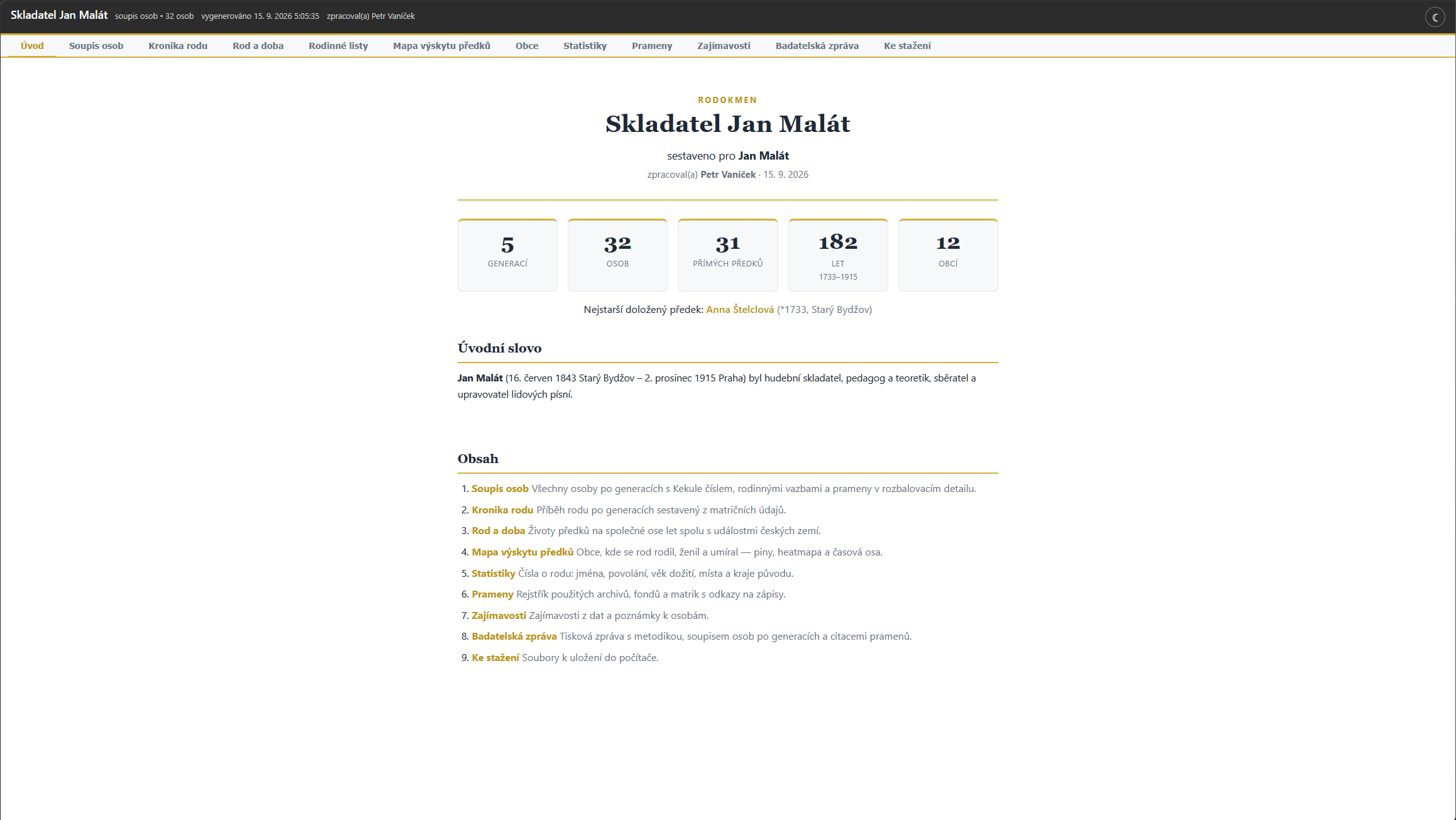 Rodinná kniha – titulní strana s přehledem a obsahem