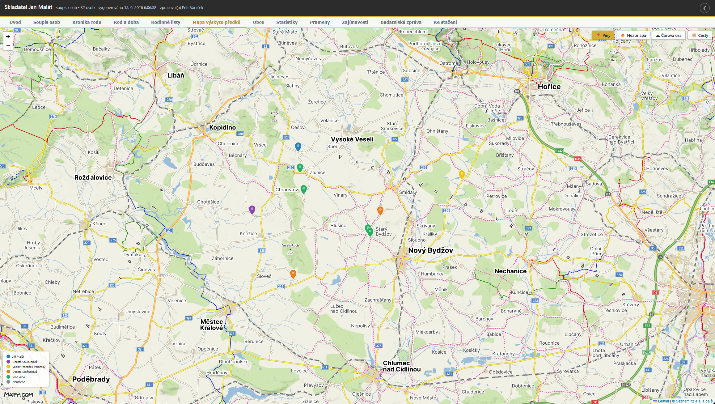 Rodinná kniha – mapa výskytu předků, místa, kde rod žil
